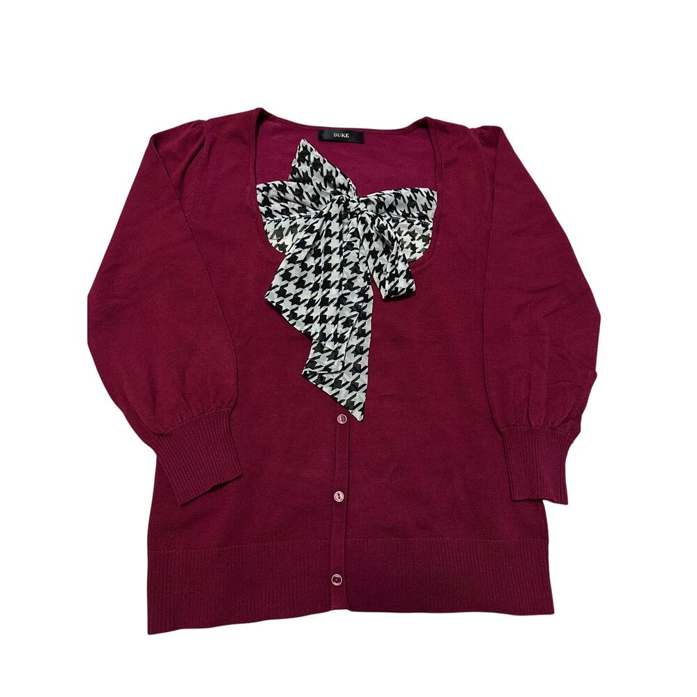 DUKE Women’s Small Cardigan Pink Knit Bow Houndstooth Button Front 3/4 Sleeve